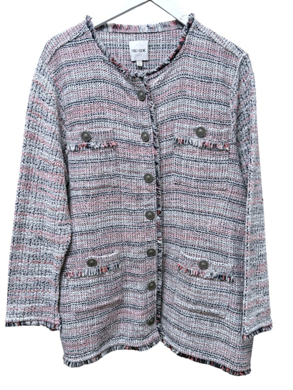 NIC+ZOE Jacket XXL Femme Gray Tweed Gray Navy Pink Fringe Paris Style Blazer